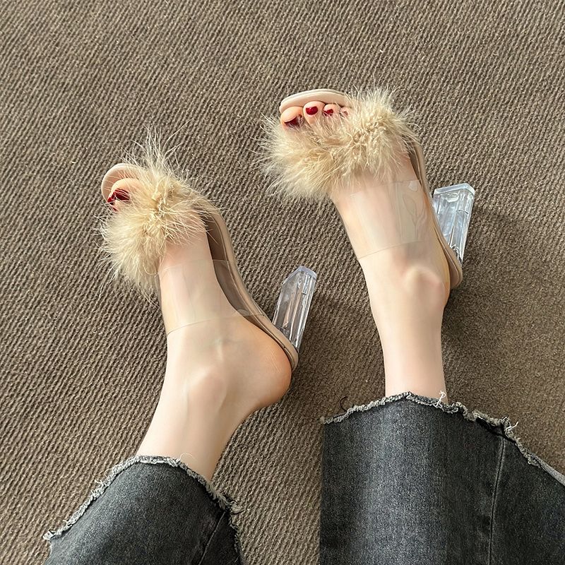 New Summer Fluffy Open Toe Sexy High Heeled Women's Shoes Mule Sandals Fur Feather Ladies Fashion Slippers Square Toe Women Sandals