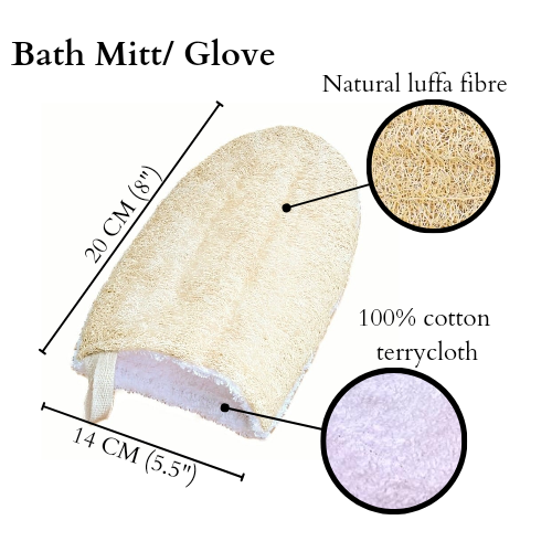 4-in1, Tropical Luffa Skin Exfoliating Small Washcloth, Large Washcloth, Bath Mitt / Glove & Giant Back Scrubber, 100% Natural Materials with White Cotton Towelling and Natural Luffa / Loofah Fibre