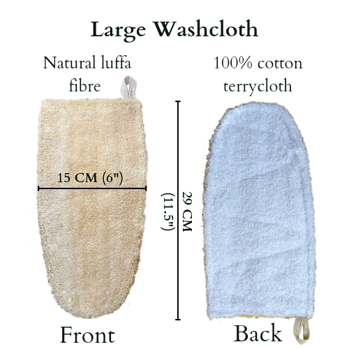4-in1, Tropical Luffa Skin Exfoliating Small Washcloth, Large Washcloth, Bath Mitt / Glove & Giant Back Scrubber, 100% Natural Materials with White Cotton Towelling and Natural Luffa / Loofah Fibre