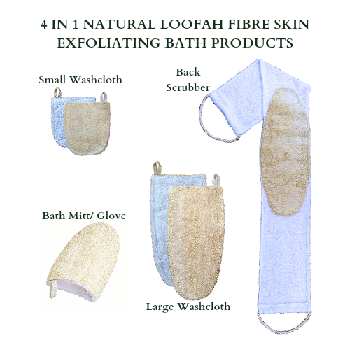 4-in1, Tropical Luffa Skin Exfoliating Small Washcloth, Large Washcloth, Bath Mitt / Glove & Giant Back Scrubber, 100% Natural Materials with White Cotton Towelling and Natural Luffa / Loofah Fibre