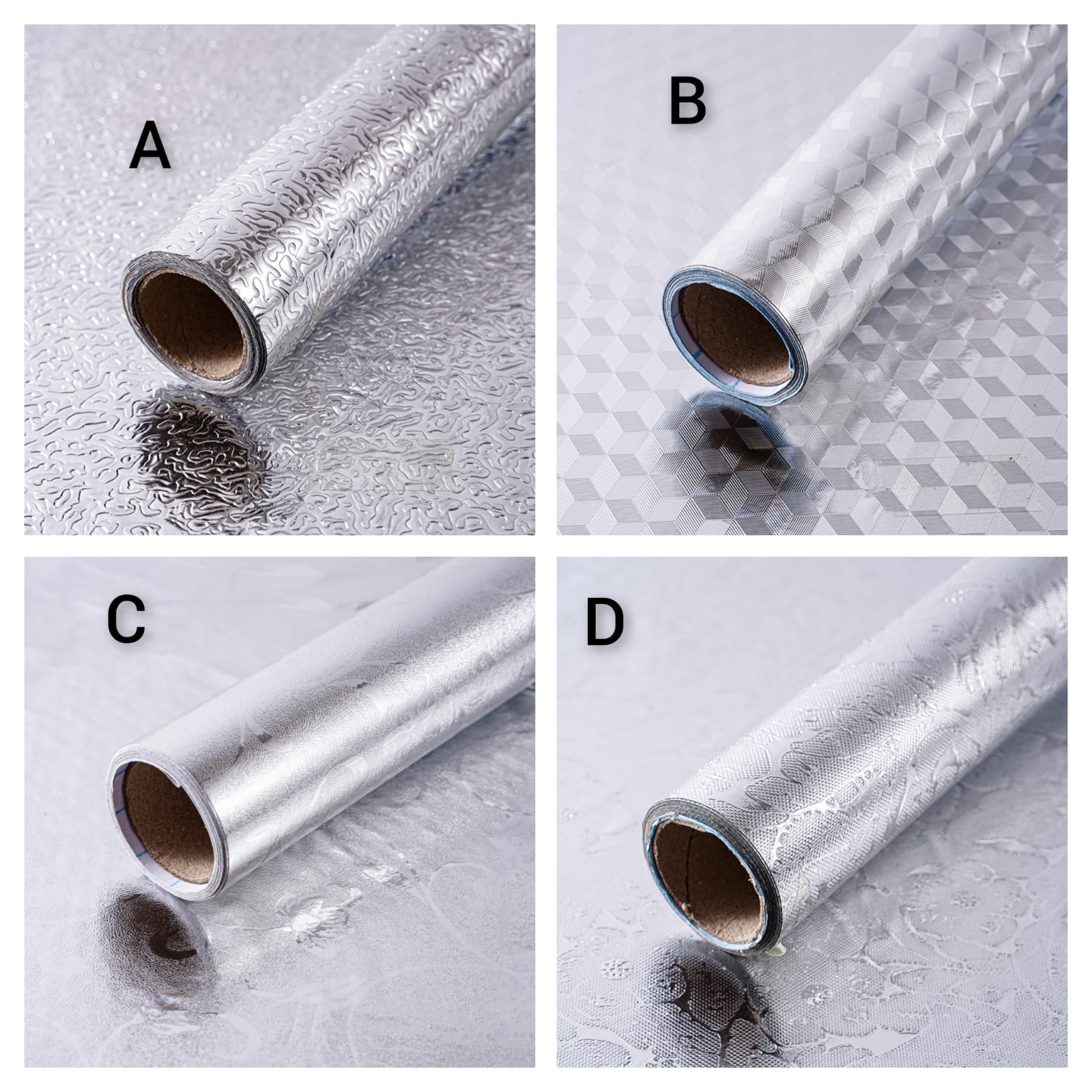 Silver Aluminium Foil /Kitchen table top liner. Self sticking, Easy to stick, Sticks on all surfaces, Oil/Waterproof  and it comes in Size: 60cm x 300cm.