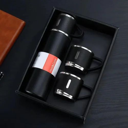 Black gift pack Steel Vacuum Flask Set with 3 Steel Cups Combo-Thermocup set  (500ml thermocup +3 cups 130ml)