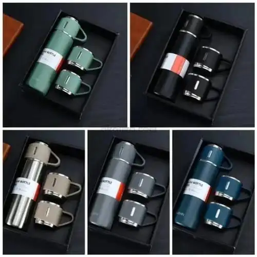 Black gift pack Steel Vacuum Flask Set with 3 Steel Cups Combo-Thermocup set  (500ml thermocup +3 cups 130ml)