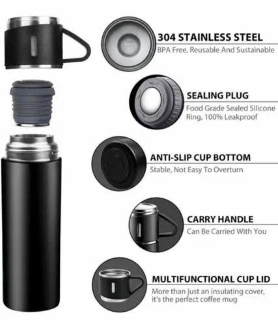 Black gift pack Steel Vacuum Flask Set with 3 Steel Cups Combo-Thermocup set  (500ml thermocup +3 cups 130ml)