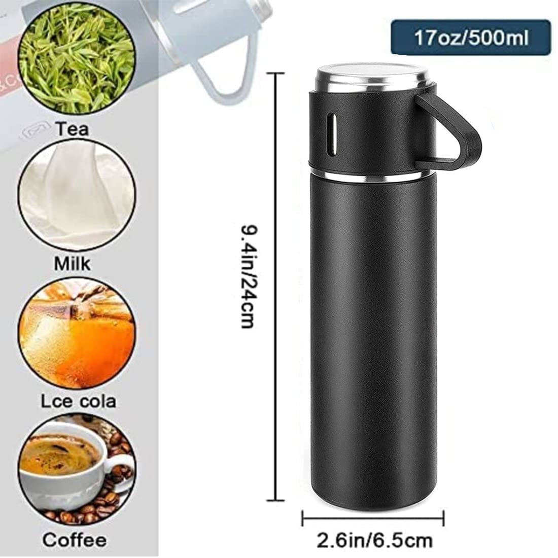 Black gift pack Steel Vacuum Flask Set with 3 Steel Cups Combo-Thermocup set  (500ml thermocup +3 cups 130ml)