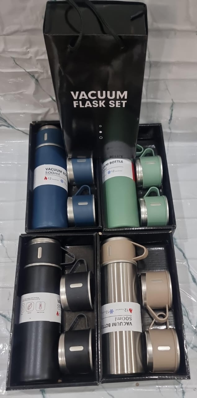 Black gift pack Steel Vacuum Flask Set with 3 Steel Cups Combo-Thermocup set  (500ml thermocup +3 cups 130ml)