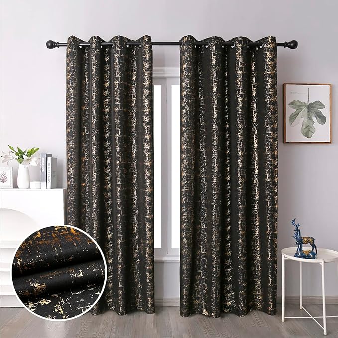 {TODAY'S DEAL } Taisier Home Gold Foil Print Linen Textured Curtains 3PC & 2PC Set Marble Curtains - 3PCc(1.5 mtrs each+1.5 mtrs each+Sheers: White :3 mtrs) 0r 2pcs((1.5 mtrs each+1.5 mtrs each)