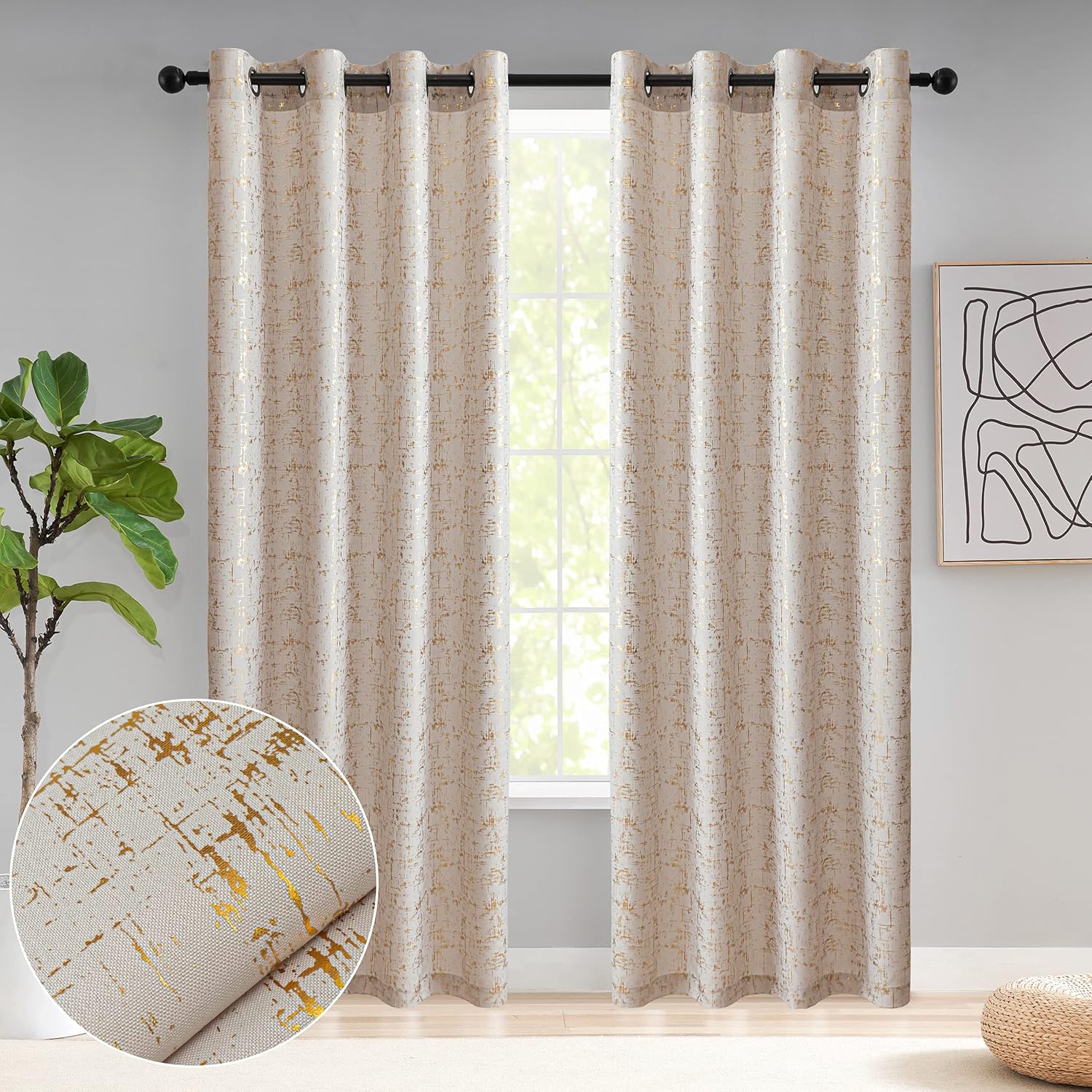 {TODAY'S DEAL } Taisier Home Gold Foil Print Linen Textured Curtains 3PC & 2PC Set Marble Curtains - 3PCc(1.5 mtrs each+1.5 mtrs each+Sheers: White :3 mtrs) 0r 2pcs((1.5 mtrs each+1.5 mtrs each)
