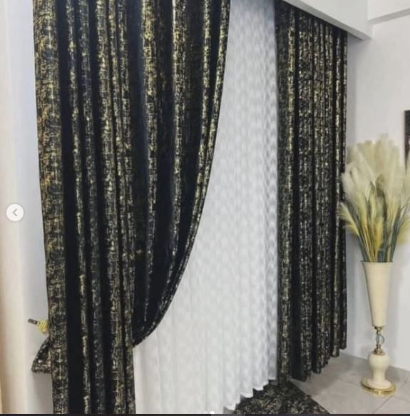 {TODAY'S DEAL } Taisier Home Gold Foil Print Linen Textured Curtains 3PC & 2PC Set Marble Curtains - 3PCc(1.5 mtrs each+1.5 mtrs each+Sheers: White :3 mtrs) 0r 2pcs((1.5 mtrs each+1.5 mtrs each)