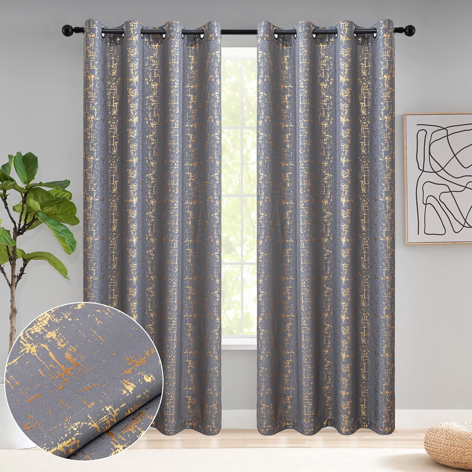 {TODAY'S DEAL } Taisier Home Gold Foil Print Linen Textured Curtains 3PC & 2PC Set Marble Curtains - 3PCc(1.5 mtrs each+1.5 mtrs each+Sheers: White :3 mtrs) 0r 2pcs((1.5 mtrs each+1.5 mtrs each)
