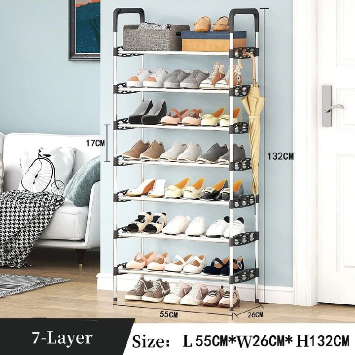 7 Layers Multi-Purpose Shoe Rack  Stainless Steel Shoe Rack/Shoe Stand Plastic Rack Shoes/Books/Clothes/Toys etc Easy to Assemble Heavy Metal Home & Office Utility Foldable - Stackable shoe rack