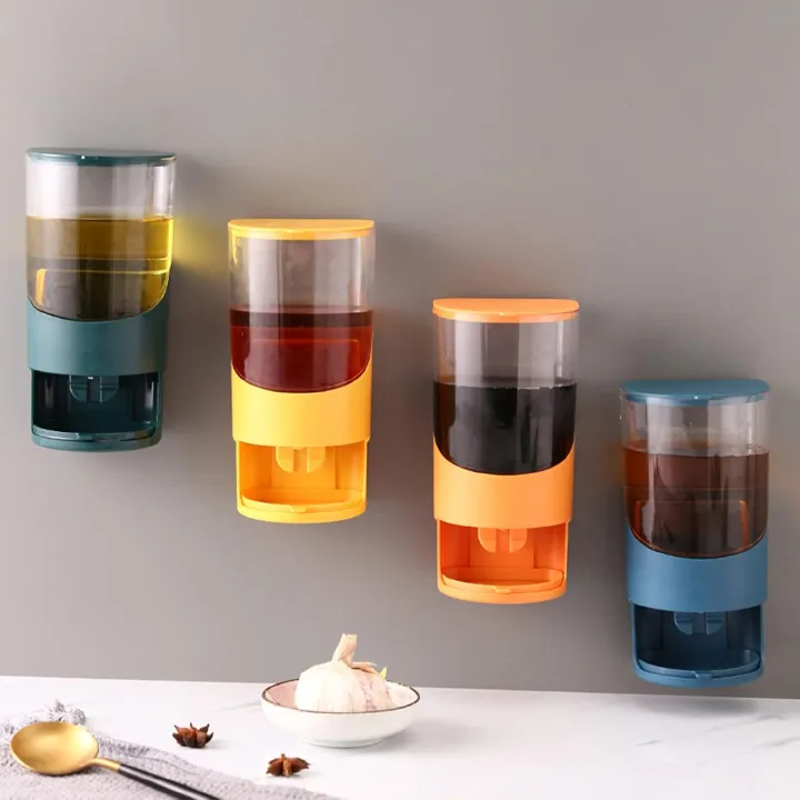 550ml Wall Mounted Oil, Spices or Seasoning Pot - Press Type Oil Bottle Wall Mounted Clear Body Plastic Drill Free Easy to Install Soy Sauce Vinegar Container Box for Kitchen