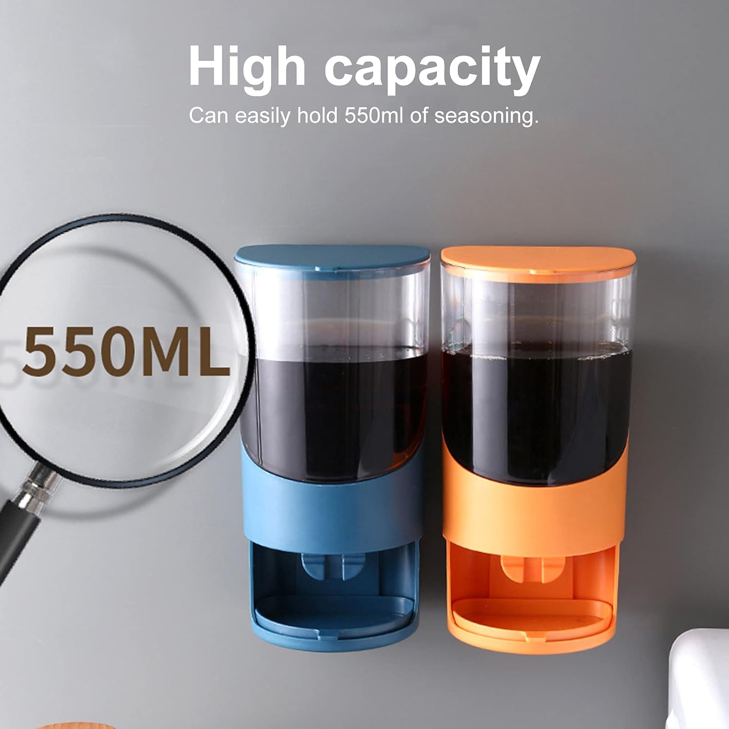 550ml Wall Mounted Oil, Spices or Seasoning Pot - Press Type Oil Bottle Wall Mounted Clear Body Plastic Drill Free Easy to Install Soy Sauce Vinegar Container Box for Kitchen