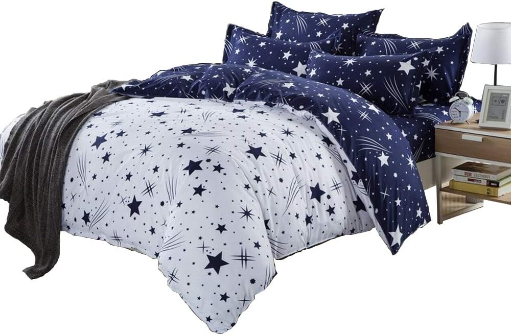 {Black Friday Deals } 4pcs Warm White & Blue Duvet With Star Print, 1 Bedsheet and 2 Pillowcases Bedding sets & accessories