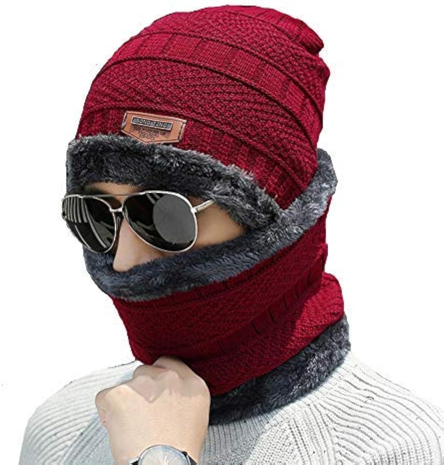 Mens Womens Winter Beanie Hat Scarf Set Warm Knit Hat Thick Fleece Lined Winter Cap Neck Warmer for Both Men and Women