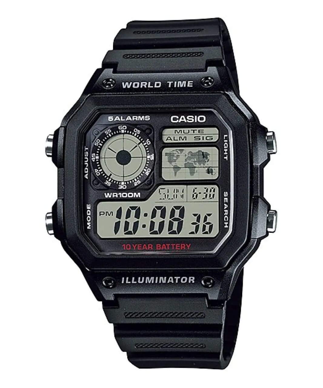 Casio World Time Illuminator | Men’s Digital Watch | 100M WR | Multi Alarms | 100 SEC Stopwatch | Countdown Timer | World Map for World Time | LED Light | LC Analog Display | 10 Year Battery