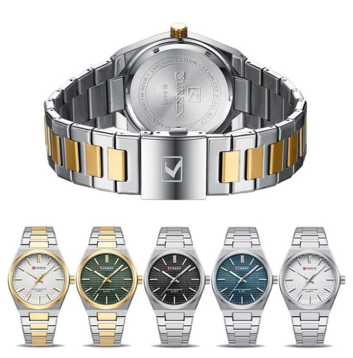 Curren Original Luxury Watch-8439 For Men With Stainless Steel Chain And Luminous Hands Silver-Golden Chain (green dial)