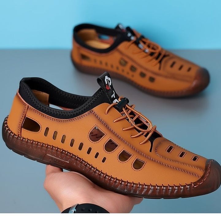 Spring Summer New Men's Casual Hollow Loafers Slip On Breathable Leather Flats Driving Shoes Male Outdoor Sneakers Walking Shoes