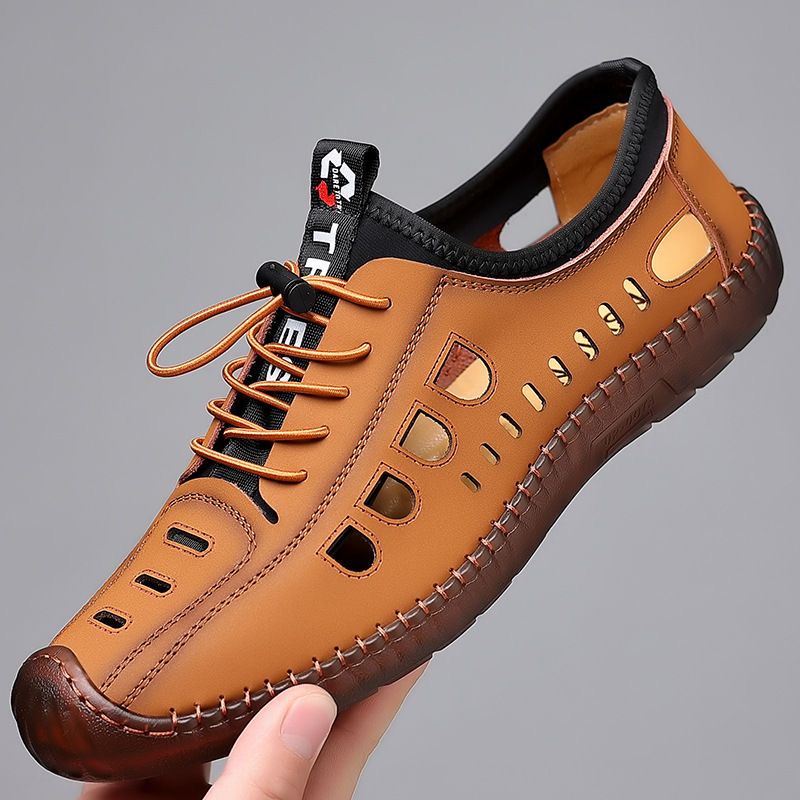 Spring Summer New Men's Casual Hollow Loafers Slip On Breathable Leather Flats Driving Shoes Male Outdoor Sneakers Walking Shoes