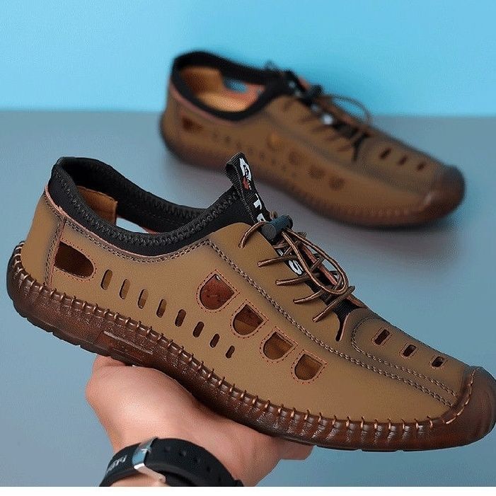 Spring Summer New Men's Casual Hollow Loafers Slip On Breathable Leather Flats Driving Shoes Male Outdoor Sneakers Walking Shoes