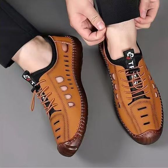 Spring Summer New Men's Casual Hollow Loafers Slip On Breathable Leather Flats Driving Shoes Male Outdoor Sneakers Walking Shoes