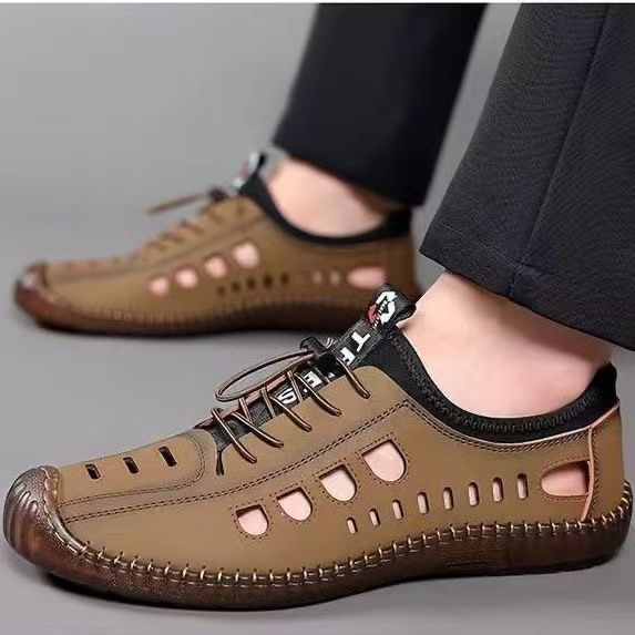 Spring Summer New Men's Casual Hollow Loafers Slip On Breathable Leather Flats Driving Shoes Male Outdoor Sneakers Walking Shoes