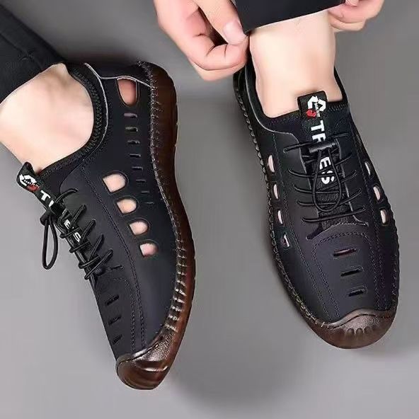 Spring Summer New Men's Casual Hollow Loafers Slip On Breathable Leather Flats Driving Shoes Male Outdoor Sneakers Walking Shoes