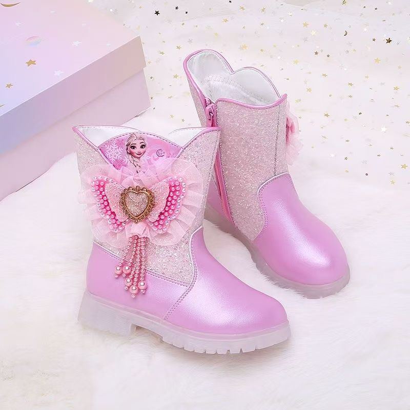 New Girls' Frozen Princess Elsa Boots Bow Middle Boots for Girls Kids Toddler Birthday Christmas Gift