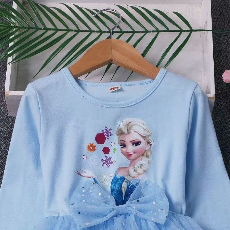 Girls Frozen Elsa Princess Cinderella Rapunzel Kids Toddler Dress, Ruffle Long-Sleeve Mesh Overlay Tulle Dress