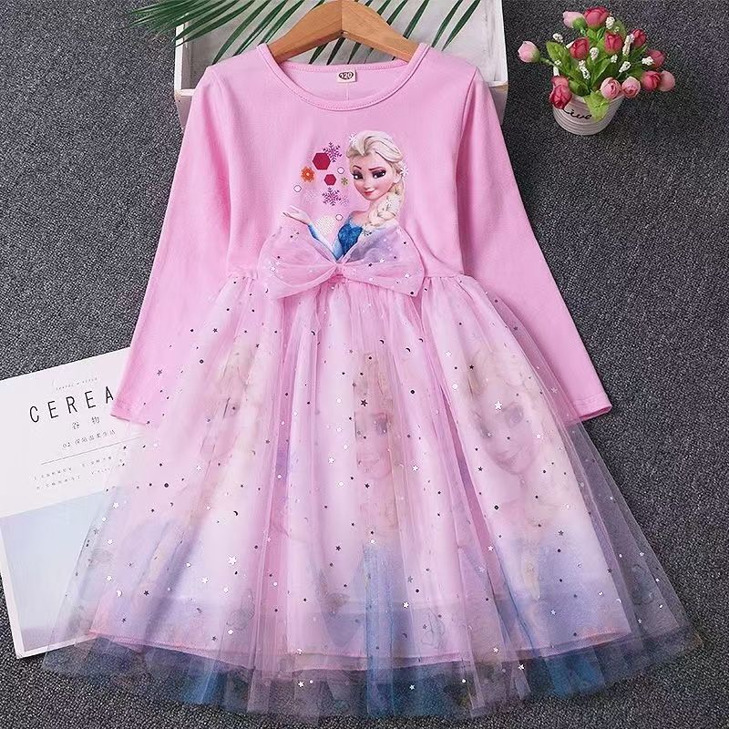 Girls Frozen Elsa Princess Cinderella Rapunzel Kids Toddler Dress, Ruffle Long-Sleeve Mesh Overlay Tulle Dress