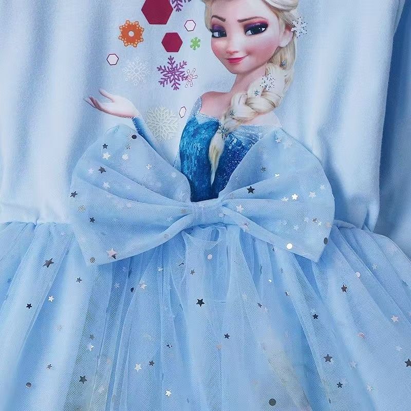 Girls Frozen Elsa Princess Cinderella Rapunzel Kids Toddler Dress, Ruffle Long-Sleeve Mesh Overlay Tulle Dress
