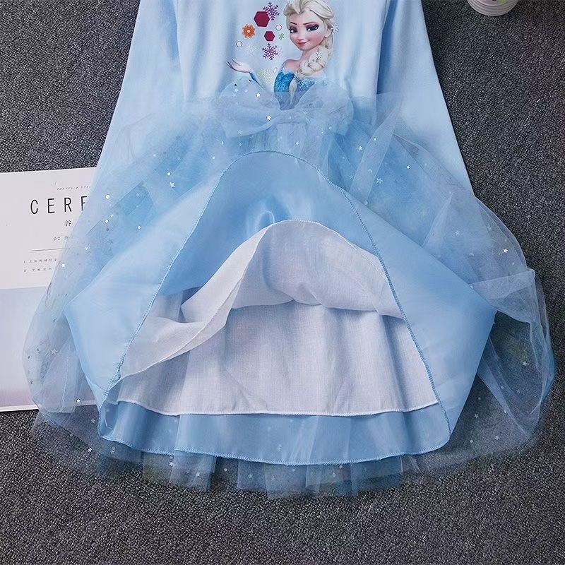 Girls Frozen Elsa Princess Cinderella Rapunzel Kids Toddler Dress, Ruffle Long-Sleeve Mesh Overlay Tulle Dress