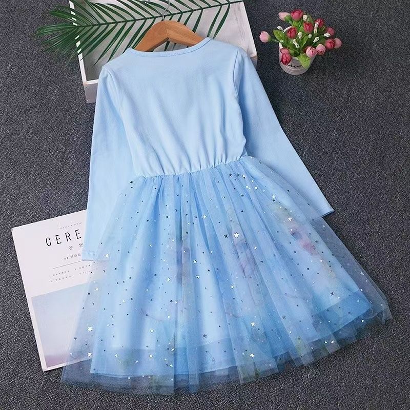 Girls Frozen Elsa Princess Cinderella Rapunzel Kids Toddler Dress, Ruffle Long-Sleeve Mesh Overlay Tulle Dress