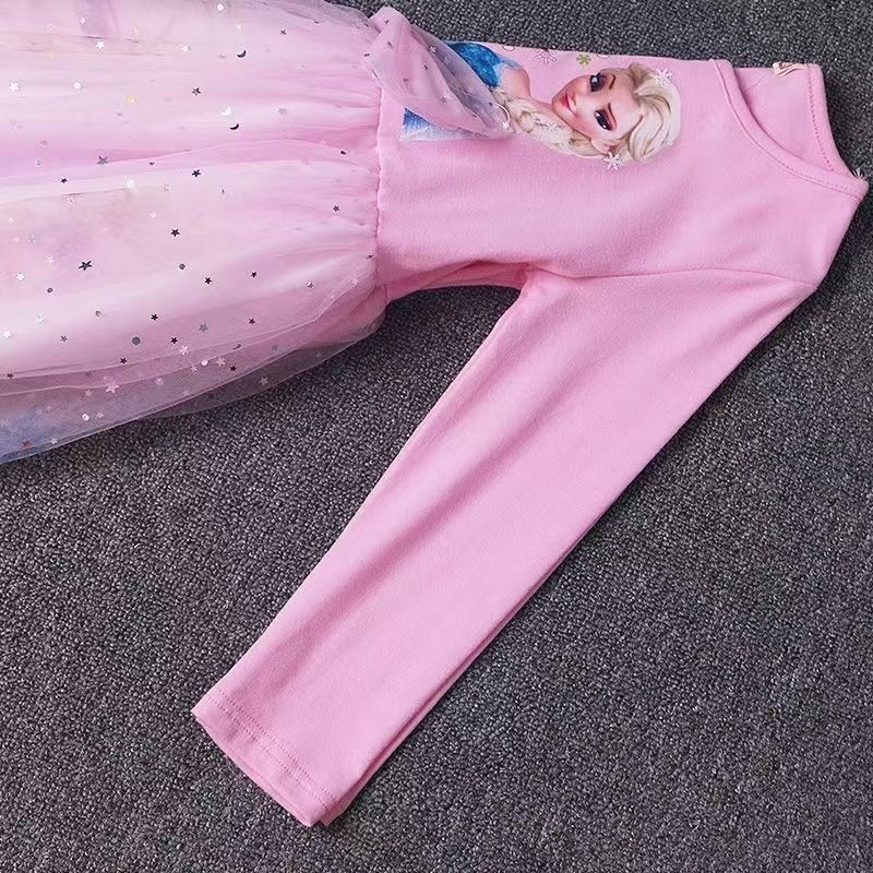 Girls Frozen Elsa Princess Cinderella Rapunzel Kids Toddler Dress, Ruffle Long-Sleeve Mesh Overlay Tulle Dress