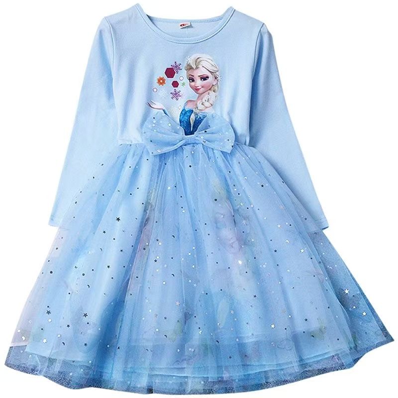 Girls Frozen Elsa Princess Cinderella Rapunzel Kids Toddler Dress, Ruffle Long-Sleeve Mesh Overlay Tulle Dress