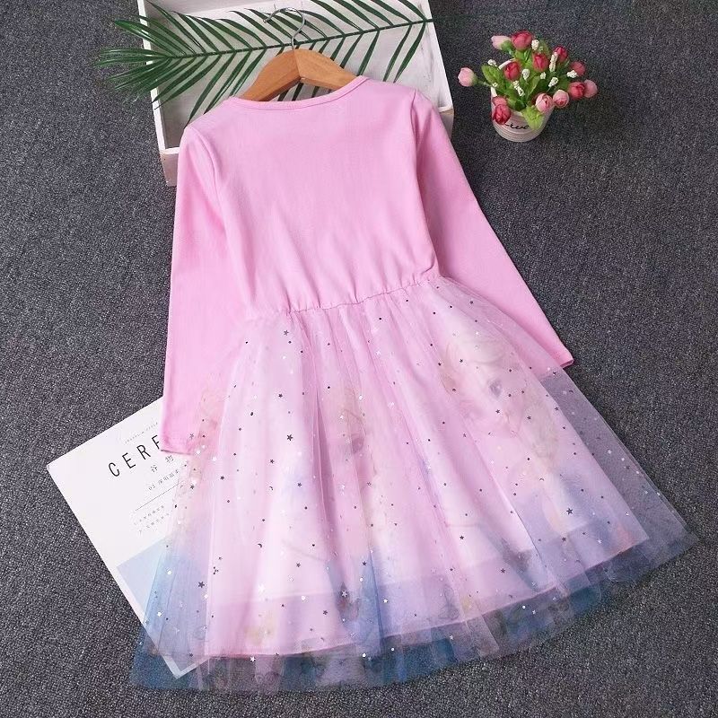 Girls Frozen Elsa Princess Cinderella Rapunzel Kids Toddler Dress, Ruffle Long-Sleeve Mesh Overlay Tulle Dress