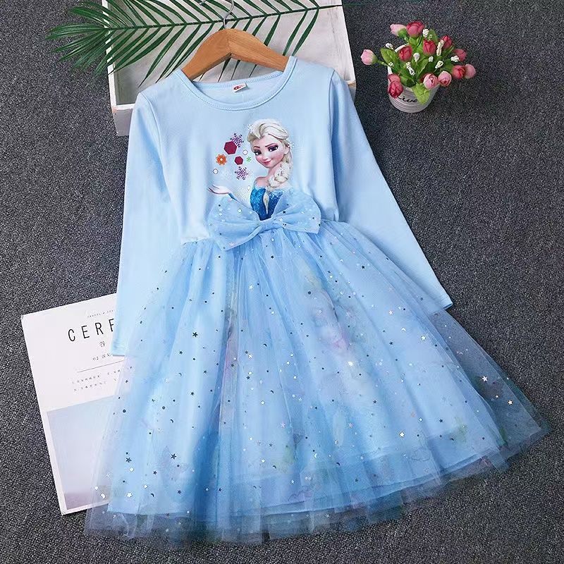 Girls Frozen Elsa Princess Cinderella Rapunzel Kids Toddler Dress, Ruffle Long-Sleeve Mesh Overlay Tulle Dress