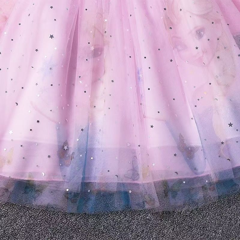Girls Frozen Elsa Princess Cinderella Rapunzel Kids Toddler Dress, Ruffle Long-Sleeve Mesh Overlay Tulle Dress