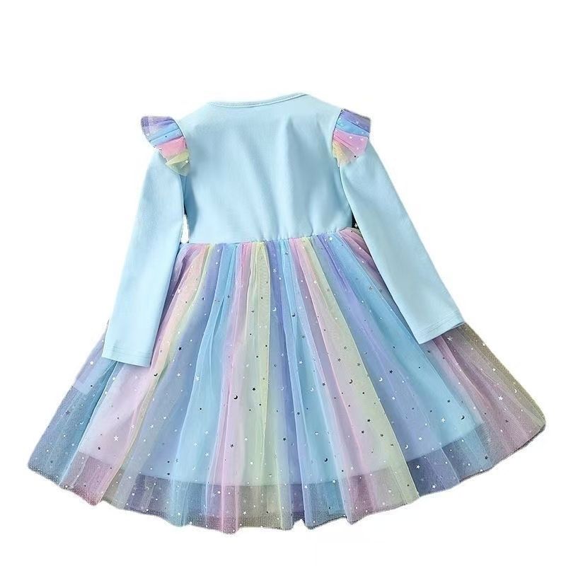 Girls Frozen Elsa Princess Cinderella Rapunzel Kids Toddler Dress, Ruffle Long-Sleeve Mesh Overlay Tulle Dress