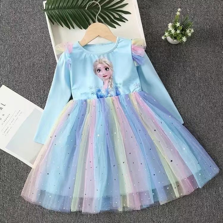 Girls Frozen Elsa Princess Cinderella Rapunzel Kids Toddler Dress, Ruffle Long-Sleeve Mesh Overlay Tulle Dress