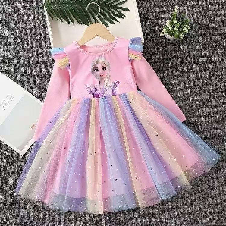 Girls Frozen Elsa Princess Cinderella Rapunzel Kids Toddler Dress, Ruffle Long-Sleeve Mesh Overlay Tulle Dress