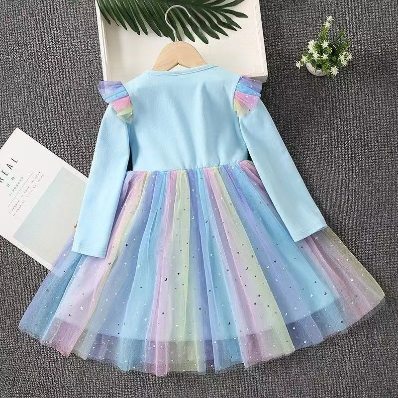 Girls Frozen Elsa Princess Cinderella Rapunzel Kids Toddler Dress, Ruffle Long-Sleeve Mesh Overlay Tulle Dress