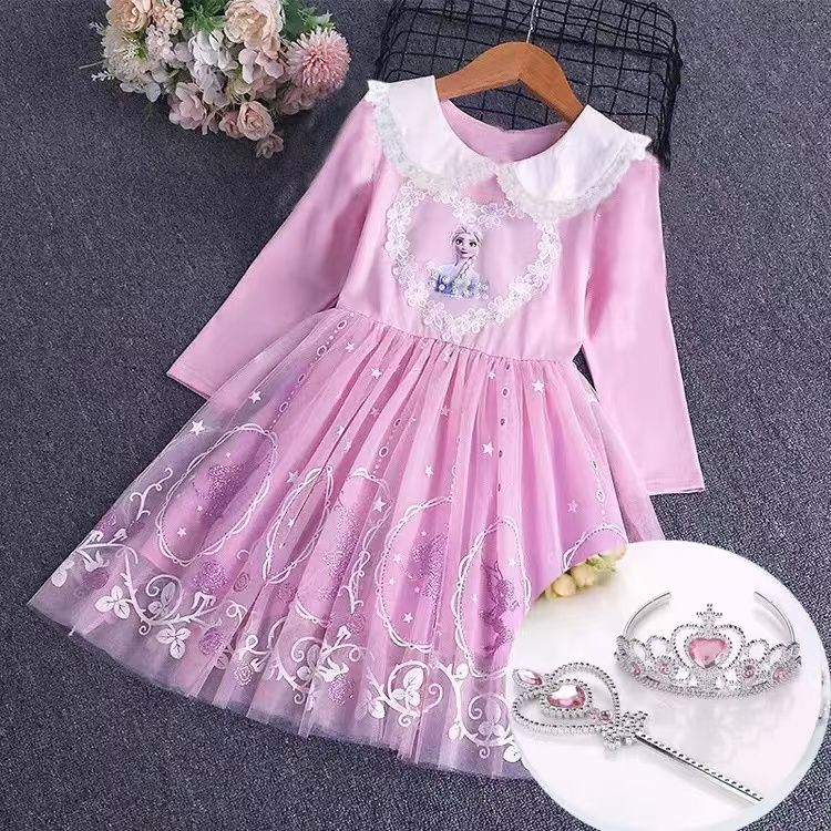 Girls Frozen Elsa Princess Cinderella Rapunzel Kids Toddler Dress, Ruffle Long-Sleeve Mesh Overlay Tulle Dress