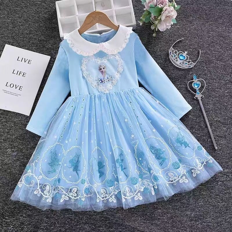 Girls Frozen Elsa Princess Cinderella Rapunzel Kids Toddler Dress, Ruffle Long-Sleeve Mesh Overlay Tulle Dress