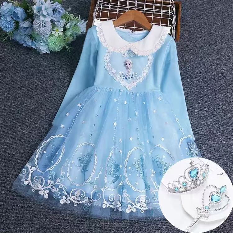 Girls Frozen Elsa Princess Cinderella Rapunzel Kids Toddler Dress, Ruffle Long-Sleeve Mesh Overlay Tulle Dress
