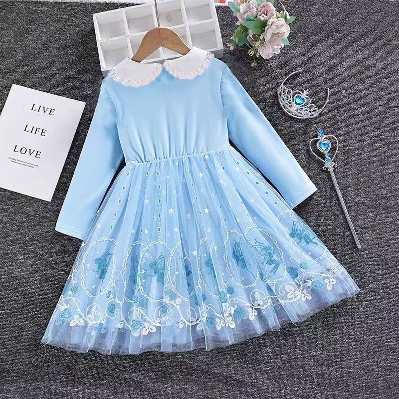 Girls Frozen Elsa Princess Cinderella Rapunzel Kids Toddler Dress, Ruffle Long-Sleeve Mesh Overlay Tulle Dress