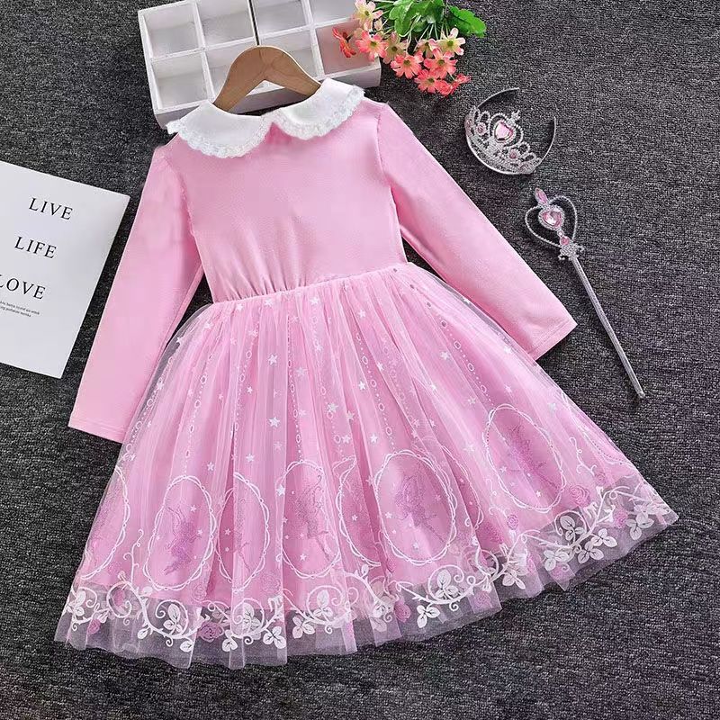 Girls Frozen Elsa Princess Cinderella Rapunzel Kids Toddler Dress, Ruffle Long-Sleeve Mesh Overlay Tulle Dress