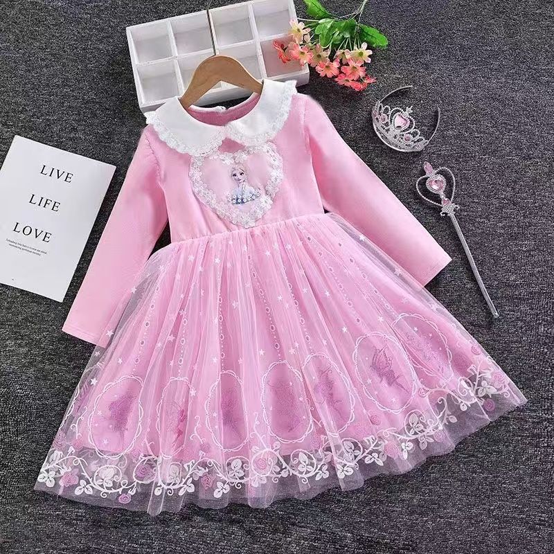 Girls Frozen Elsa Princess Cinderella Rapunzel Kids Toddler Dress, Ruffle Long-Sleeve Mesh Overlay Tulle Dress