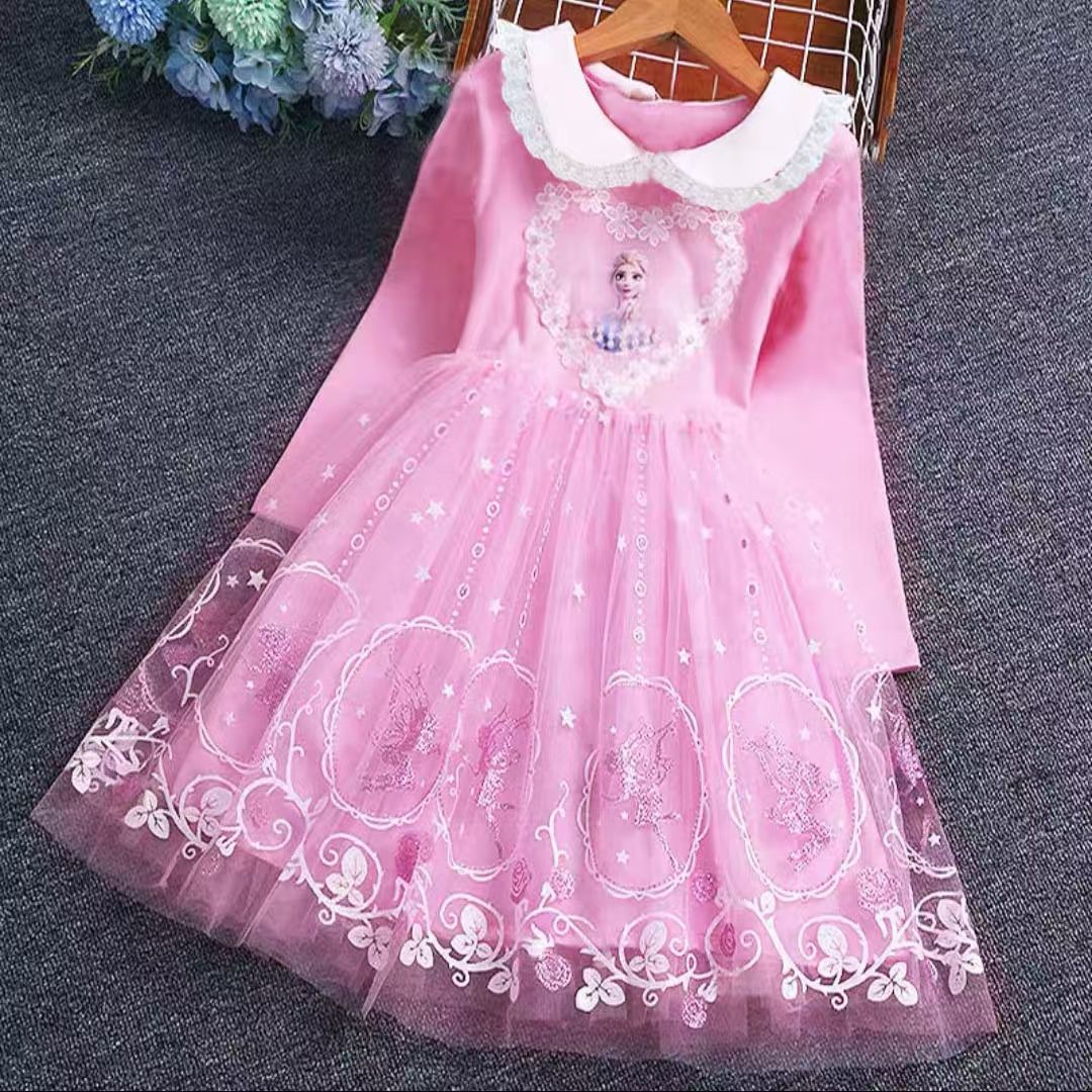 Girls Frozen Elsa Princess Cinderella Rapunzel Kids Toddler Dress, Ruffle Long-Sleeve Mesh Overlay Tulle Dress