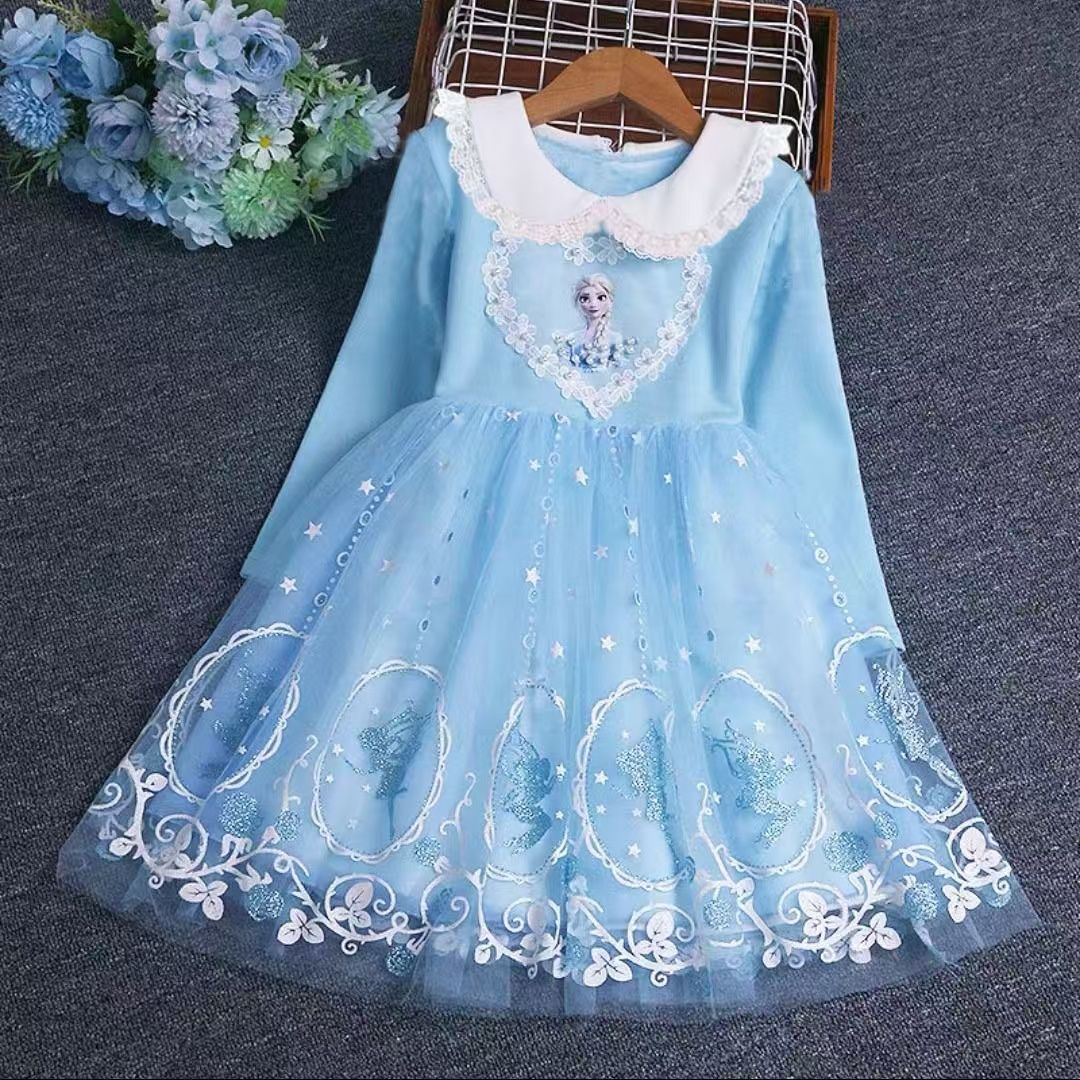Girls Frozen Elsa Princess Cinderella Rapunzel Kids Toddler Dress, Ruffle Long-Sleeve Mesh Overlay Tulle Dress